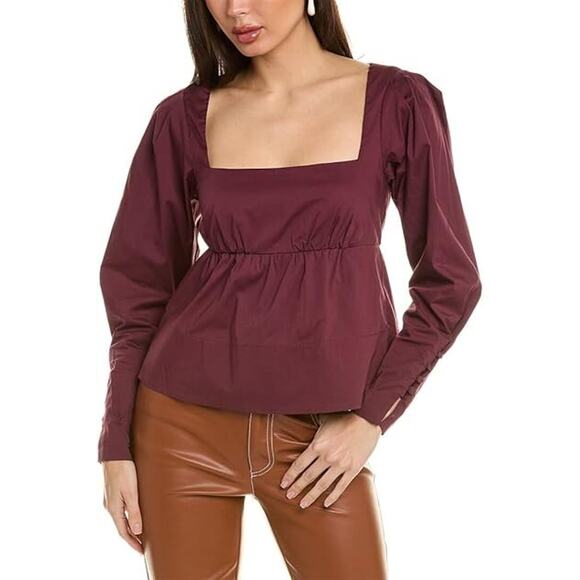 Staud NWT Peggy Empire Waist Square Neck Stretch Cotton Poplin Top Maroon XS - Picture 1 of 9